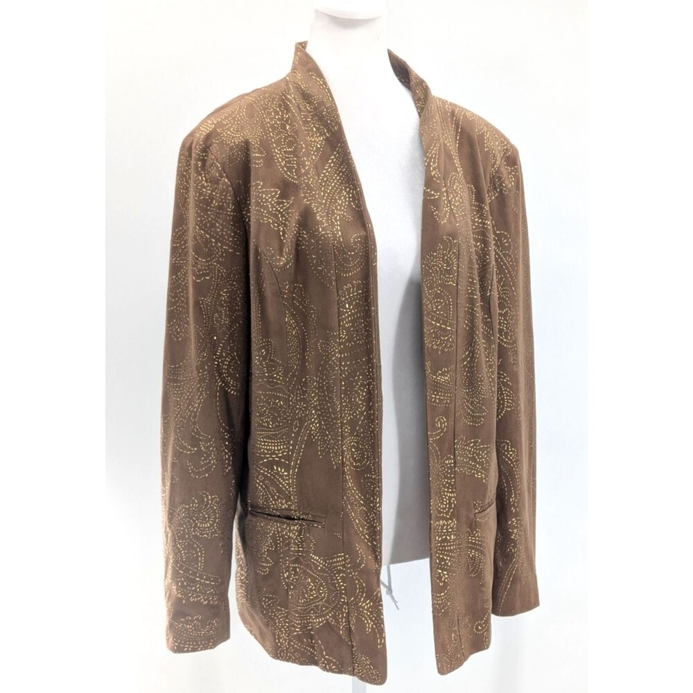 Chicos Velour Brown Gold Embellished Open Jacket Cardigan Blazer Size 2 Large